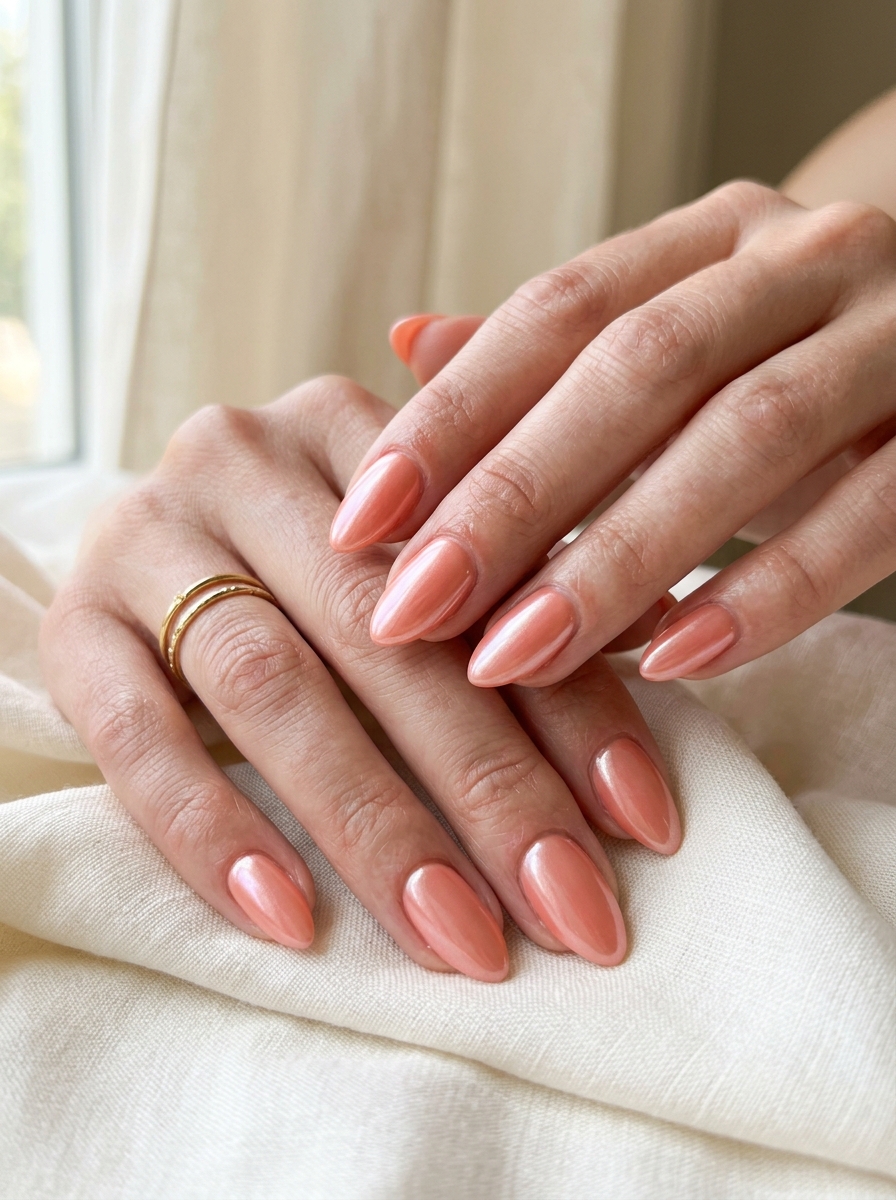 Coral Pearl Chrome Nails